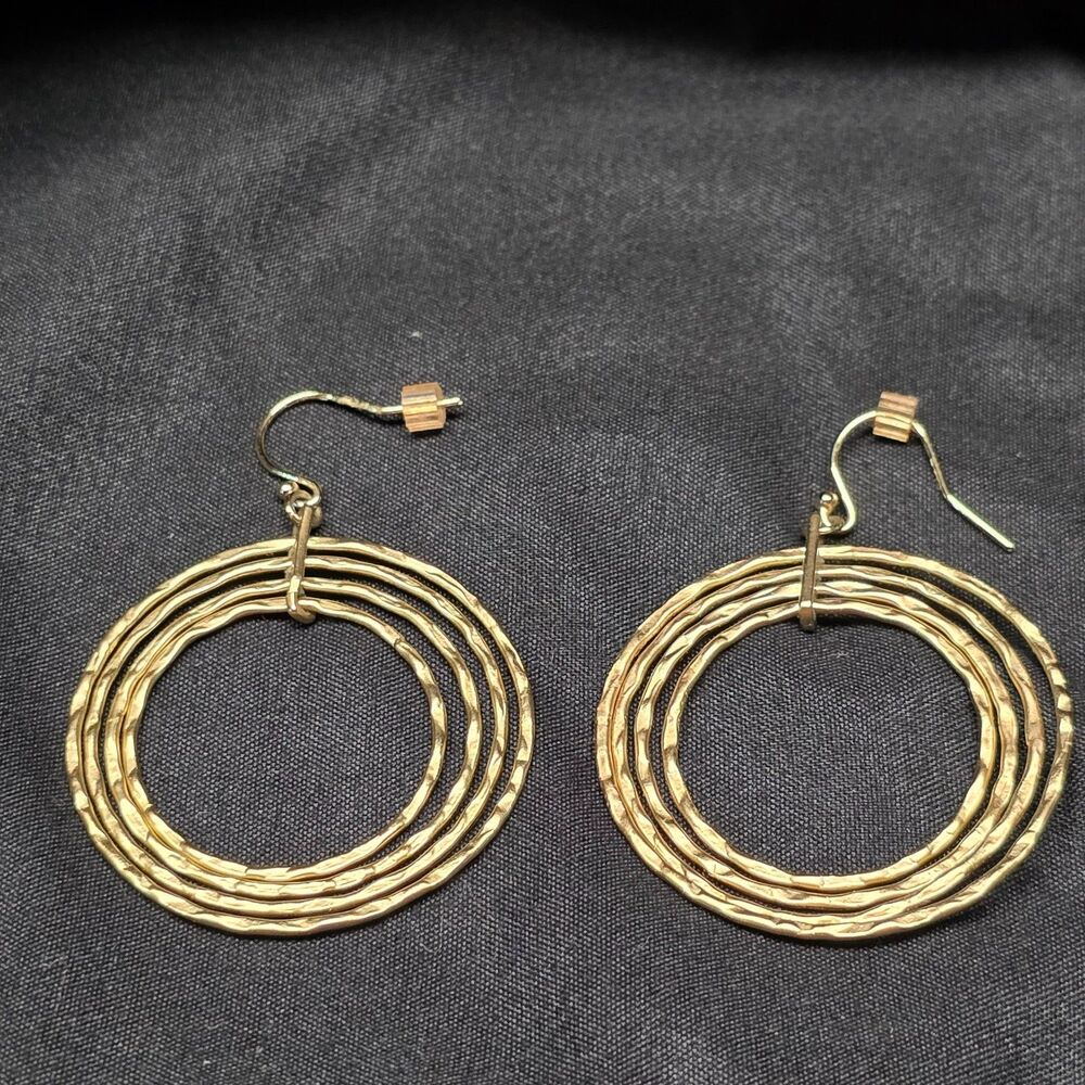 Goldtone Multi Hoop Dangle Earrings Textured Concentric Rings Pierced Jewelry
